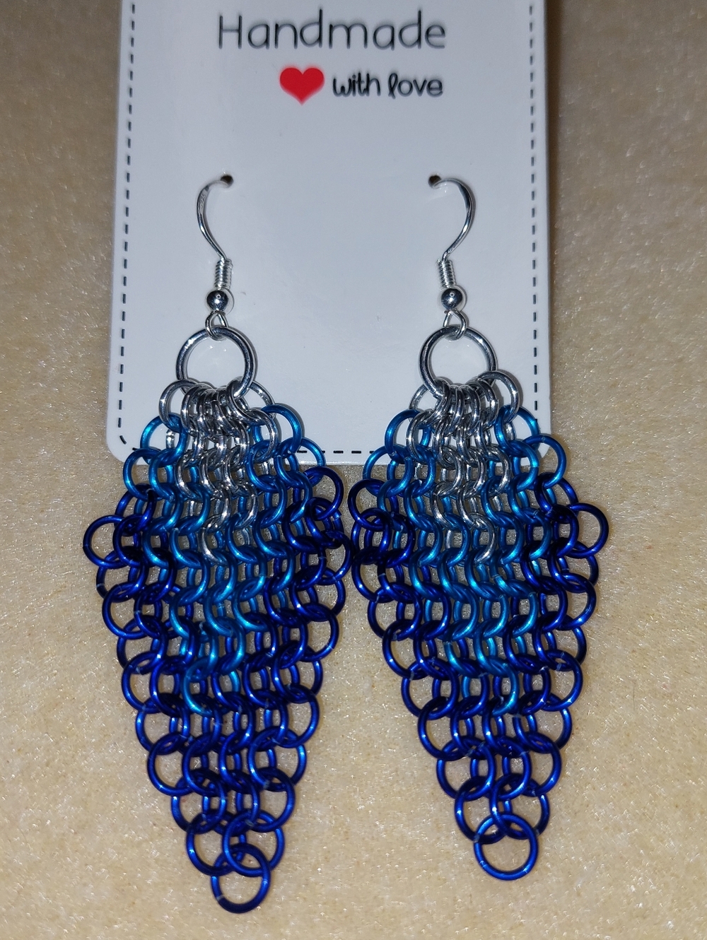 Handmade Silvertone & Two tone Blue Chainmaille Dangle Earrings